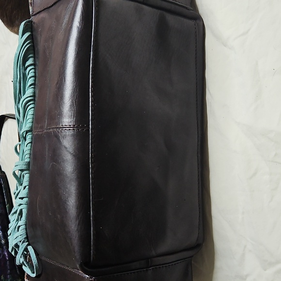Ariat Brown Tooled Leather Tote with Light Blue Fringe - Picture 12 of 14